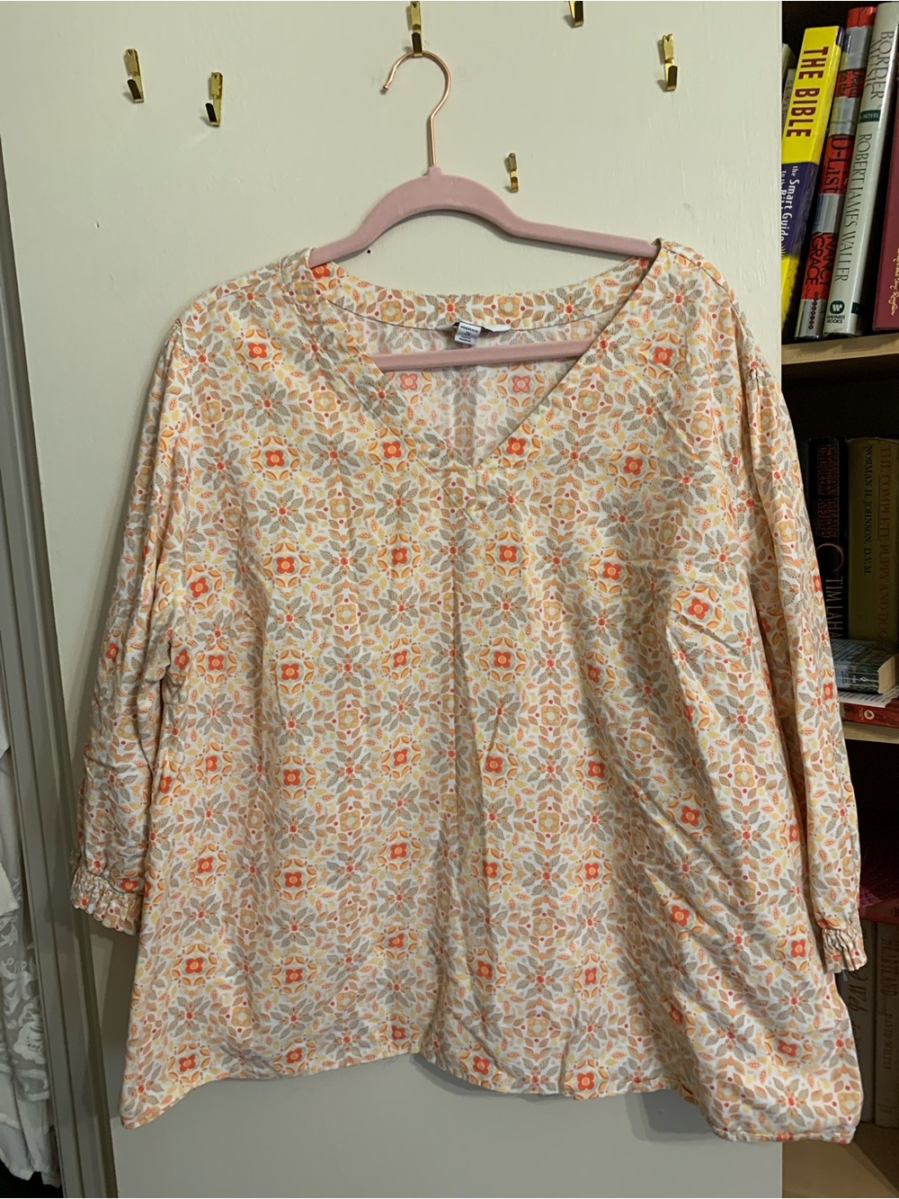 croft & barrow Cream Blouse with Orange and Tan Floral Medallions